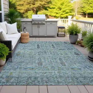 Photo of Teal Blue And Pale Aqua Floral Washable Indoor Outdoor Area Rug