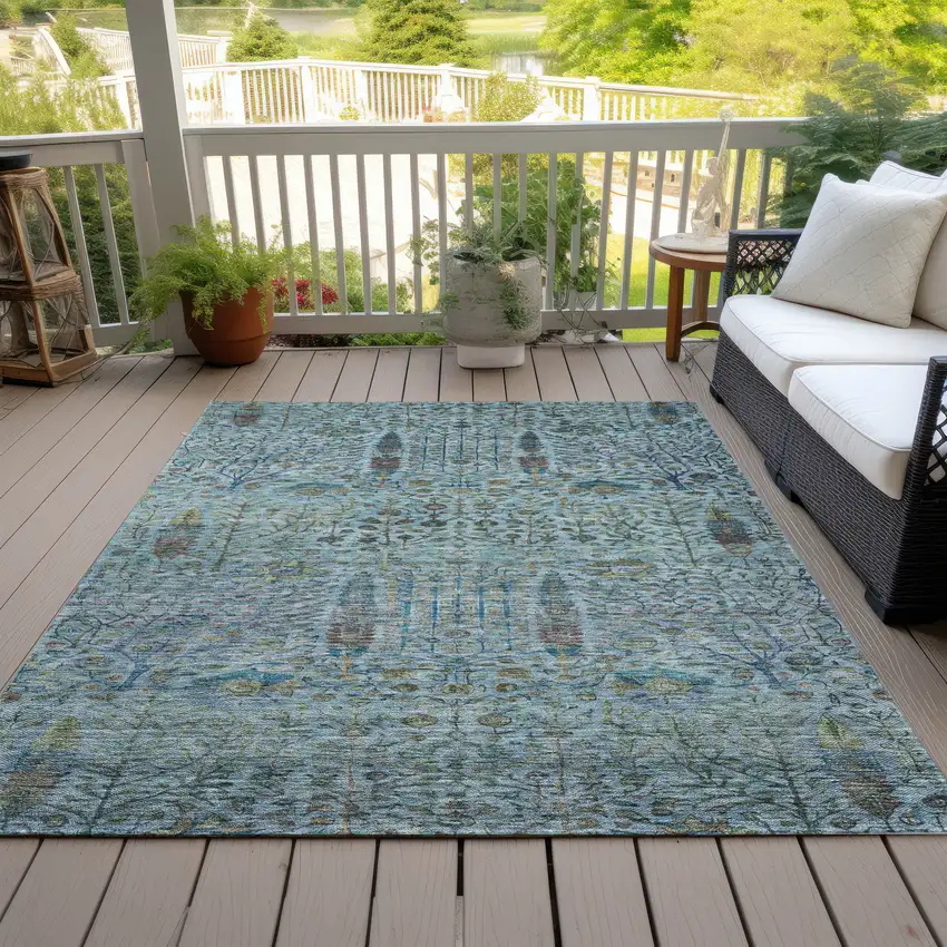 Teal Blue And Pale Aqua Floral Washable Indoor Outdoor Area Rug Photo 8