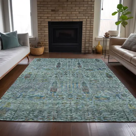 Teal Blue And Pale Aqua Floral Washable Indoor Outdoor Area Rug Photo 7
