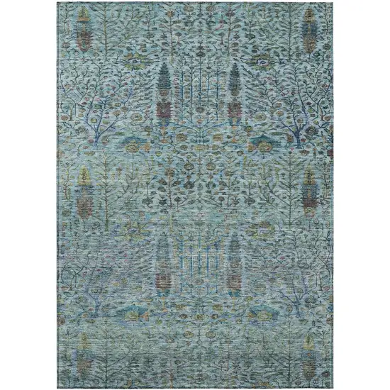 Teal Blue And Pale Aqua Floral Washable Indoor Outdoor Area Rug Photo 1