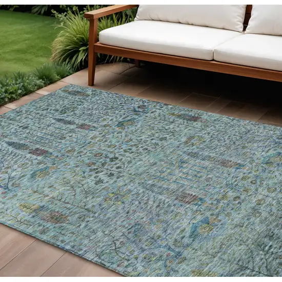 Teal Blue And Pale Aqua Floral Washable Indoor Outdoor Area Rug Photo 2