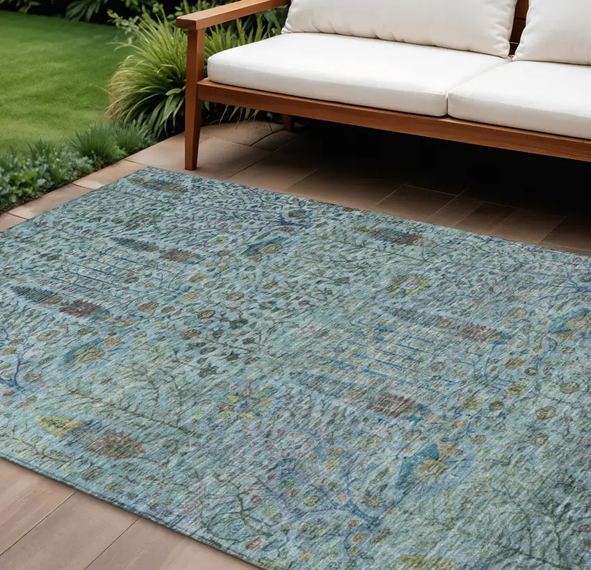 Teal Blue And Pale Aqua Floral Washable Indoor Outdoor Area Rug Photo 2