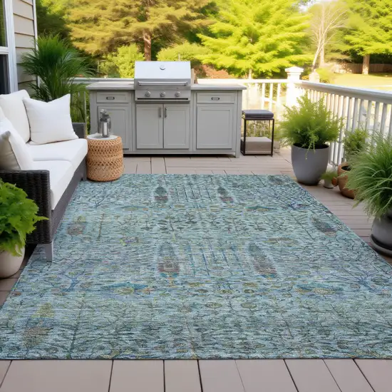Teal Blue And Pale Aqua Floral Washable Indoor Outdoor Area Rug Photo 5