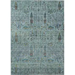 Photo of Teal Blue And Pale Aqua Floral Washable Indoor Outdoor Area Rug