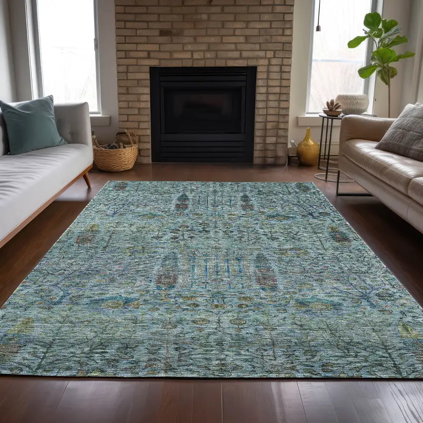 Teal Blue And Pale Aqua Floral Washable Indoor Outdoor Area Rug Photo 7