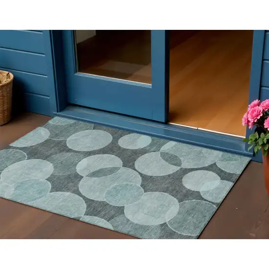 Teal Blue And Pale Aqua Geometric Washable Indoor Outdoor Area Rug Photo 2