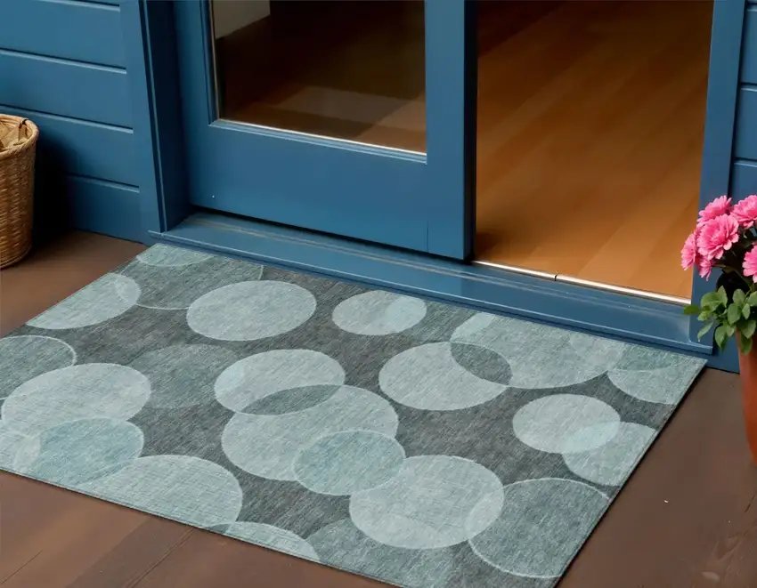 Teal Blue And Pale Aqua Geometric Washable Indoor Outdoor Area Rug Photo 2
