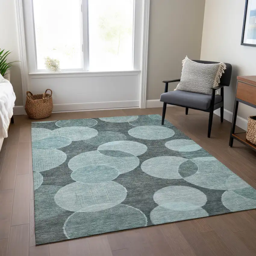 Teal Blue And Pale Aqua Geometric Washable Indoor Outdoor Area Rug Photo 7