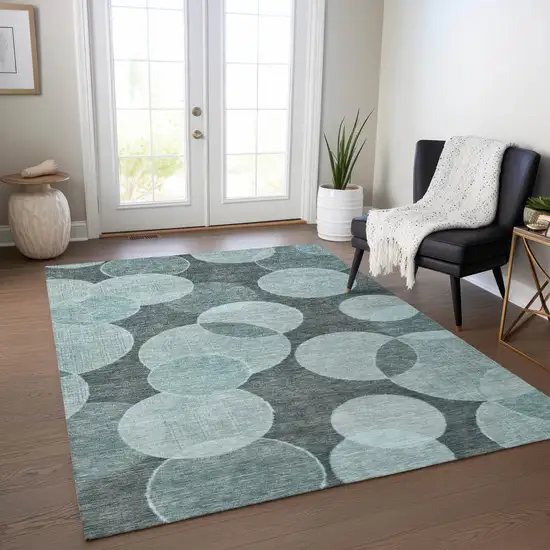Teal Blue And Pale Aqua Geometric Washable Indoor Outdoor Area Rug Photo 6