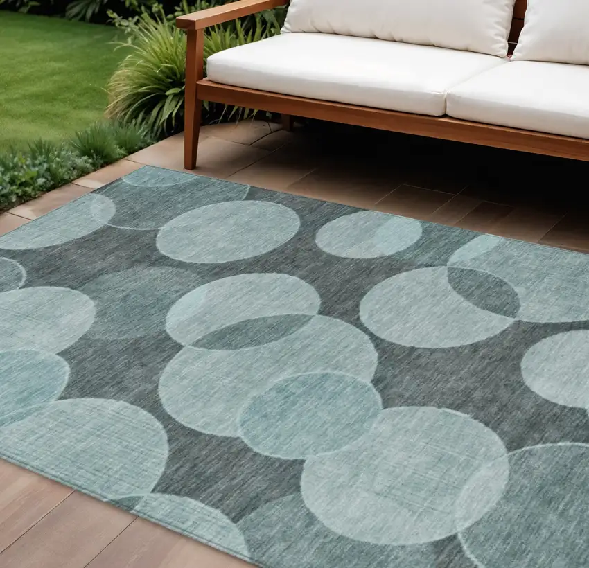 Teal Blue And Pale Aqua Geometric Washable Indoor Outdoor Area Rug Photo 2