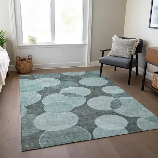 Teal Blue And Pale Aqua Geometric Washable Indoor Outdoor Area Rug Photo 7