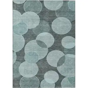 Photo of Teal Blue And Pale Aqua Geometric Washable Indoor Outdoor Area Rug
