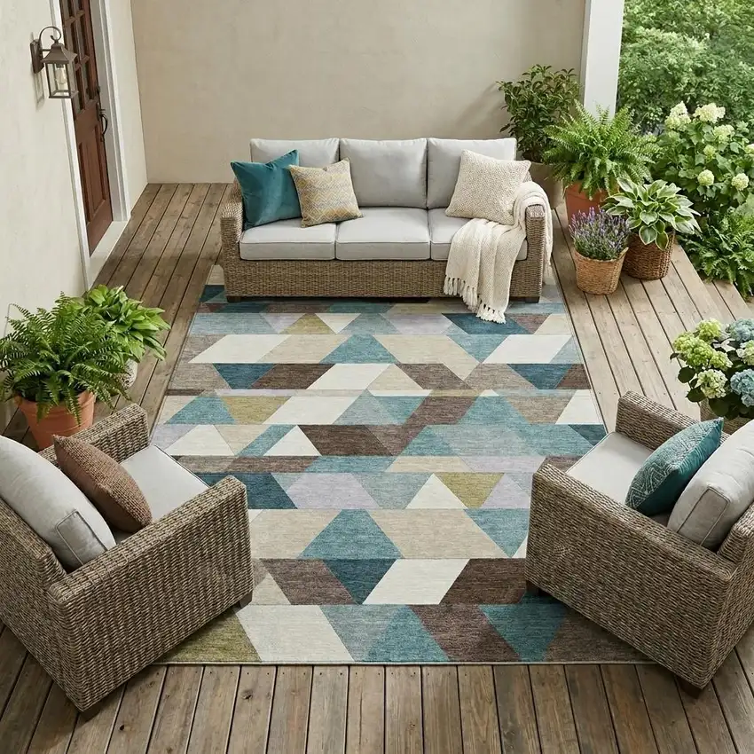 Teal Blue And Pale Aqua Geometric Washable Indoor Outdoor Area Rug Photo 1