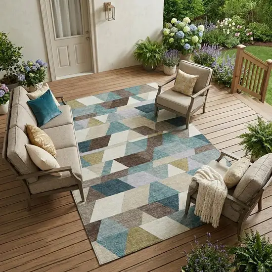 Teal Blue And Pale Aqua Geometric Washable Indoor Outdoor Area Rug Photo 1