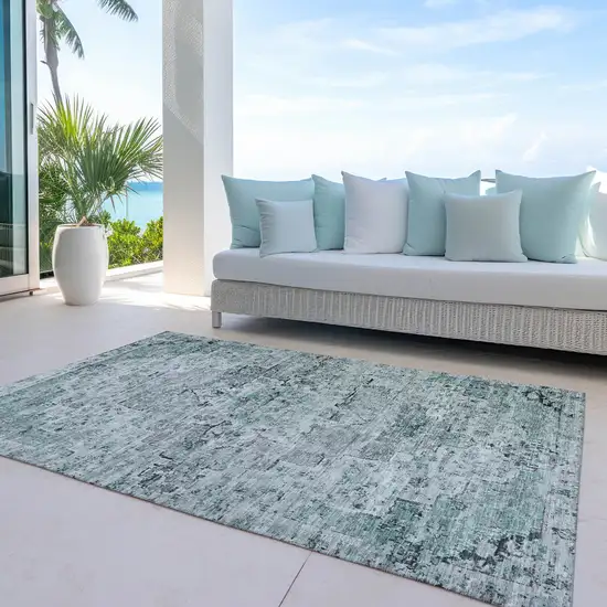 Teal Blue And Pale Aqua Medallion Washable Indoor Outdoor Area Rug Photo 5