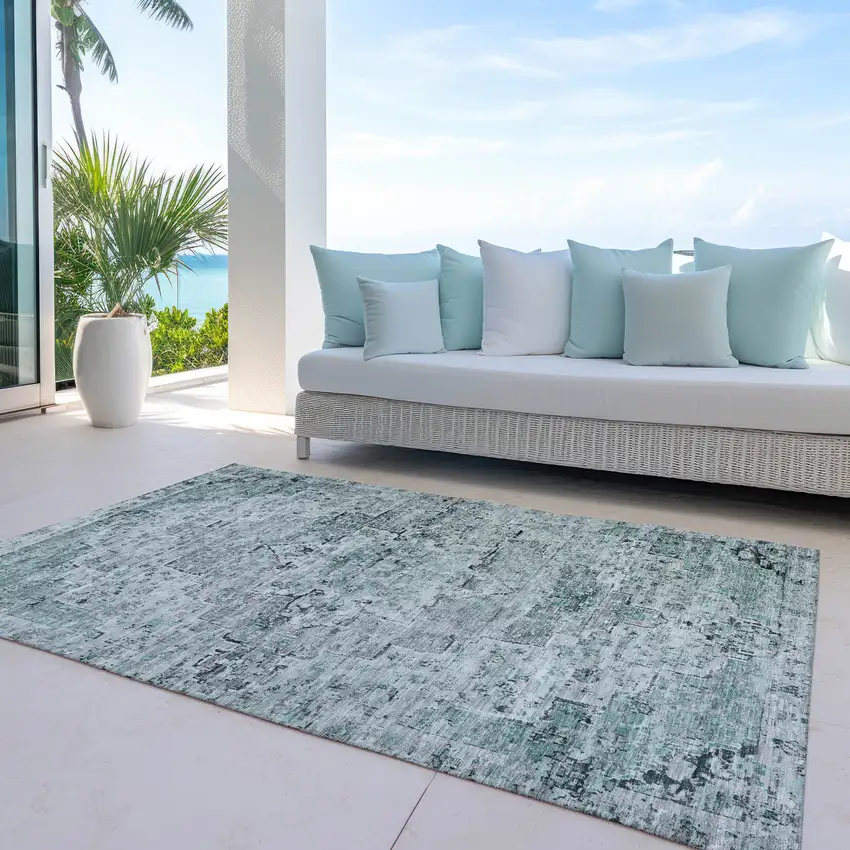 Teal Blue And Pale Aqua Medallion Washable Indoor Outdoor Area Rug Photo 5