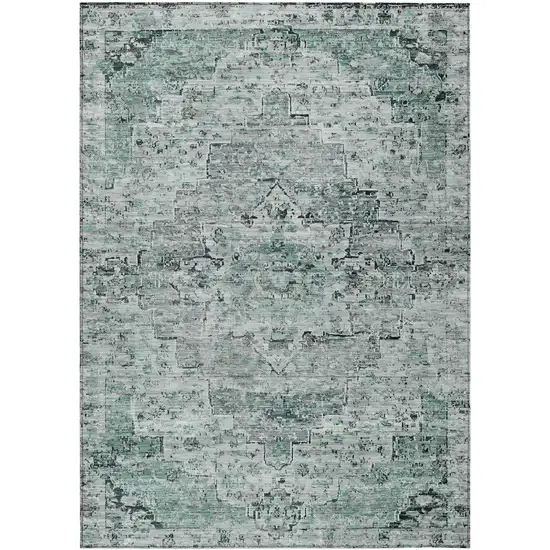 Teal Blue And Pale Aqua Medallion Washable Indoor Outdoor Area Rug Photo 1