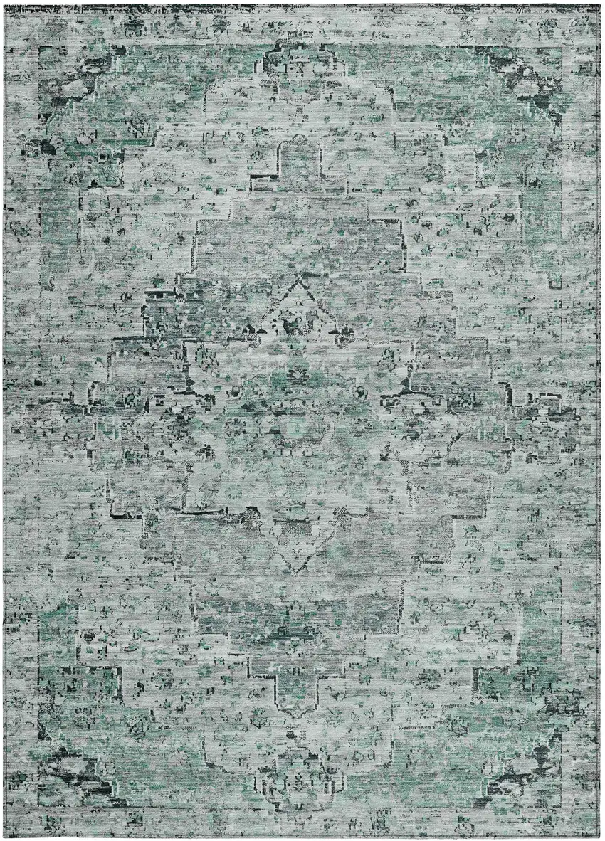 Teal Blue And Pale Aqua Medallion Washable Indoor Outdoor Area Rug Photo 6