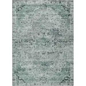 Photo of Teal Blue And Pale Aqua Medallion Washable Indoor Outdoor Area Rug