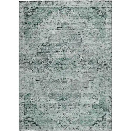 Teal Blue And Pale Aqua Medallion Washable Indoor Outdoor Area Rug Photo 9