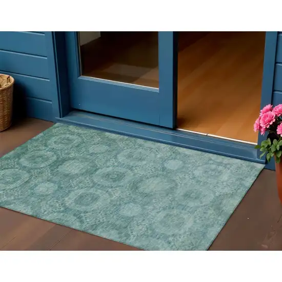 Teal Blue And Pale Aqua Medallion Washable Indoor Outdoor Area Rug Photo 2