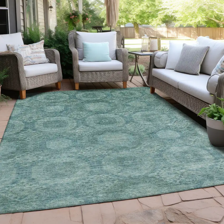Teal Blue And Pale Aqua Medallion Washable Indoor Outdoor Area Rug Photo 5