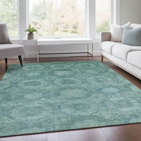 Teal Blue And Pale Aqua Medallion Washable Indoor Outdoor Area Rug Photo 7
