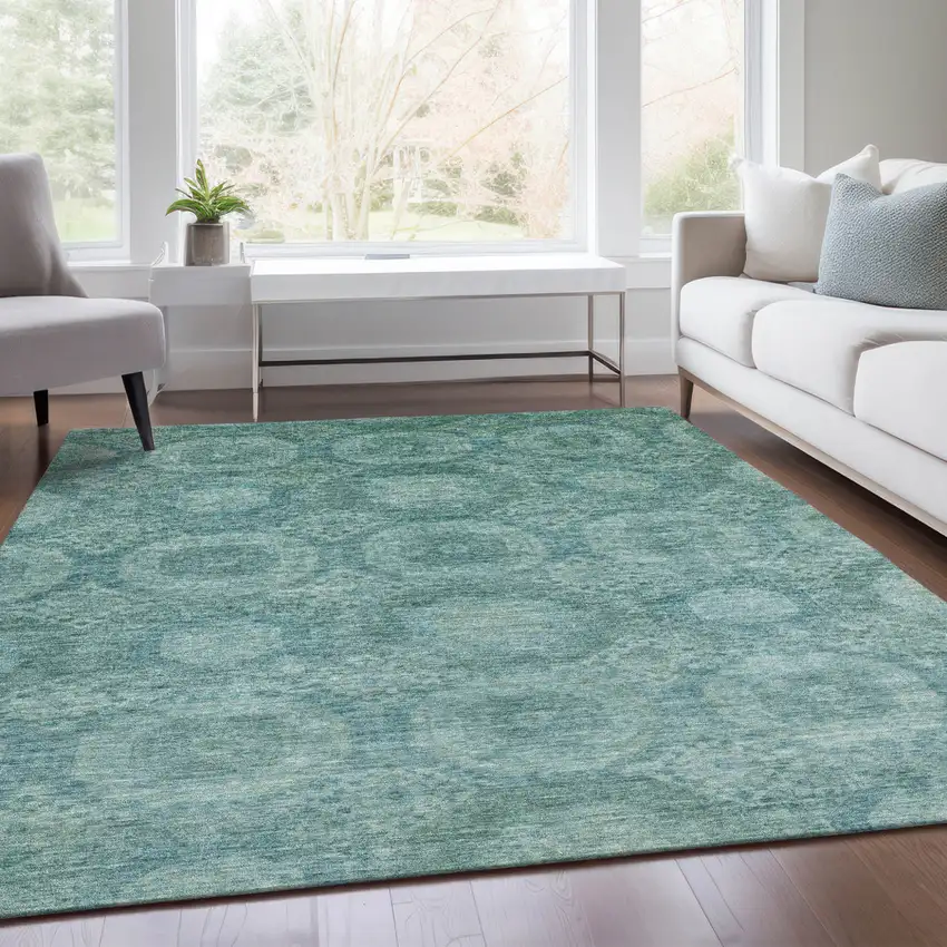 Teal Blue And Pale Aqua Medallion Washable Indoor Outdoor Area Rug Photo 7