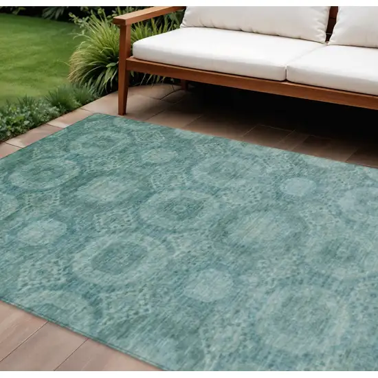 Teal Blue And Pale Aqua Medallion Washable Indoor Outdoor Area Rug Photo 2