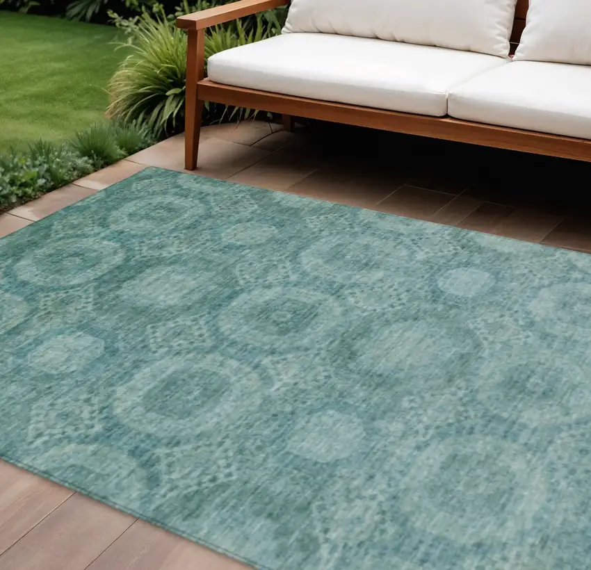 Teal Blue And Pale Aqua Medallion Washable Indoor Outdoor Area Rug Photo 2