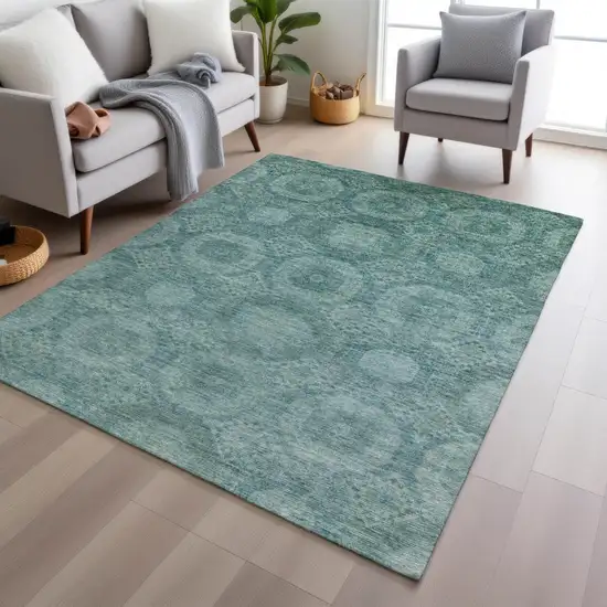 Teal Blue And Pale Aqua Medallion Washable Indoor Outdoor Area Rug Photo 6