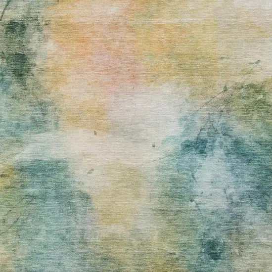 Teal Blue And Peach Abstract Washable Indoor Outdoor Area Rug Photo 1