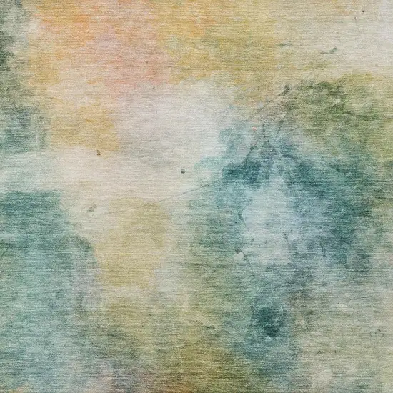 Teal Blue And Peach Abstract Washable Indoor Outdoor Area Rug Photo 1