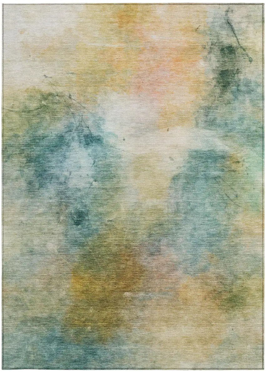 Teal Blue And Peach Abstract Washable Indoor Outdoor Area Rug Photo 2