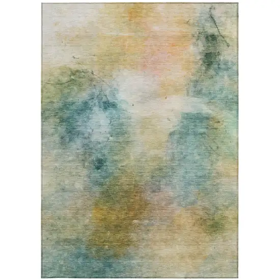 Teal Blue And Peach Abstract Washable Indoor Outdoor Area Rug Photo 2