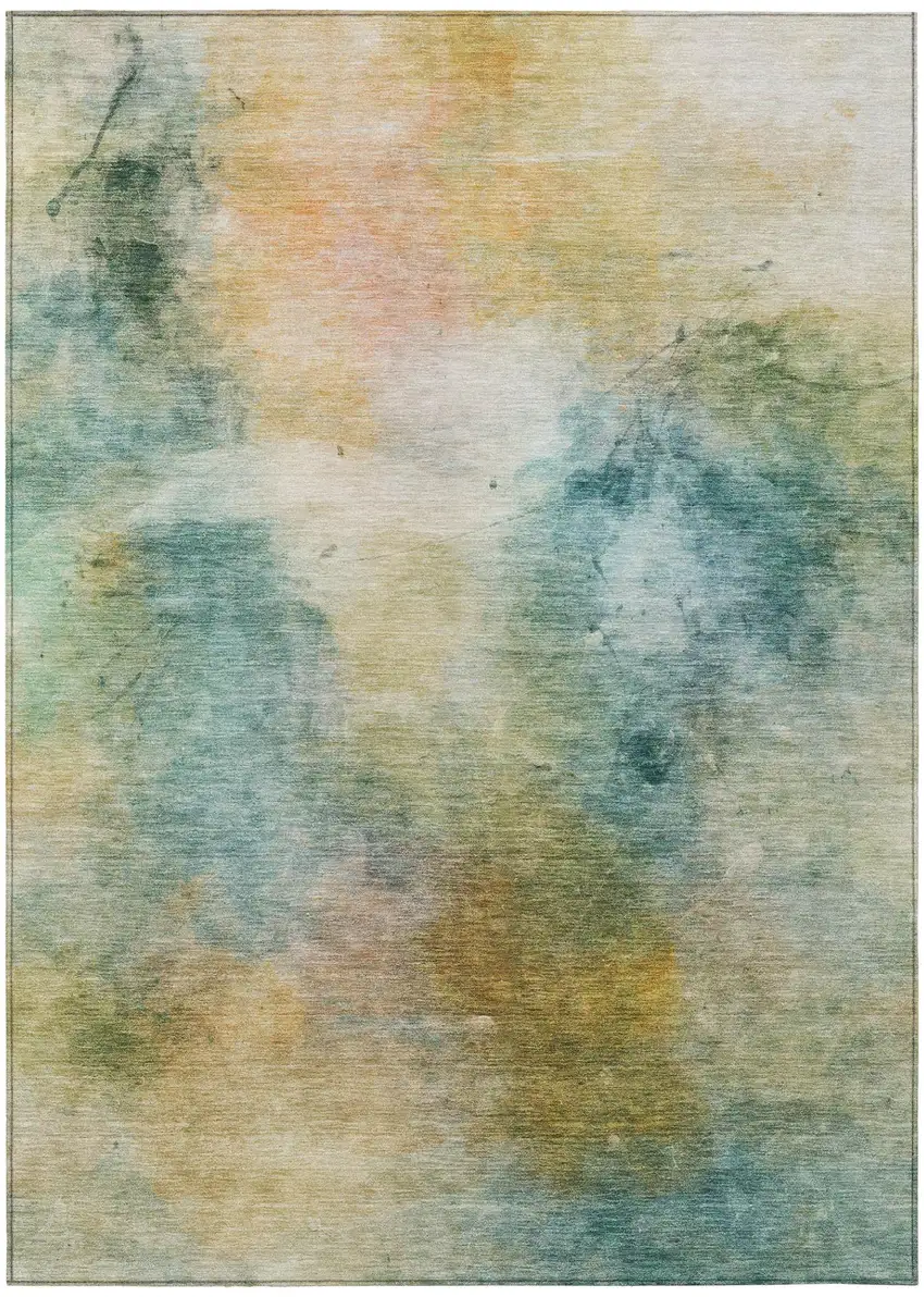 Teal Blue And Peach Abstract Washable Indoor Outdoor Area Rug Photo 3