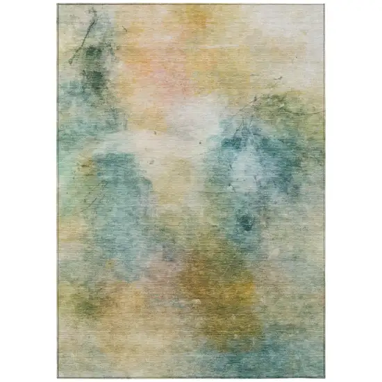 Teal Blue And Peach Abstract Washable Indoor Outdoor Area Rug Photo 3