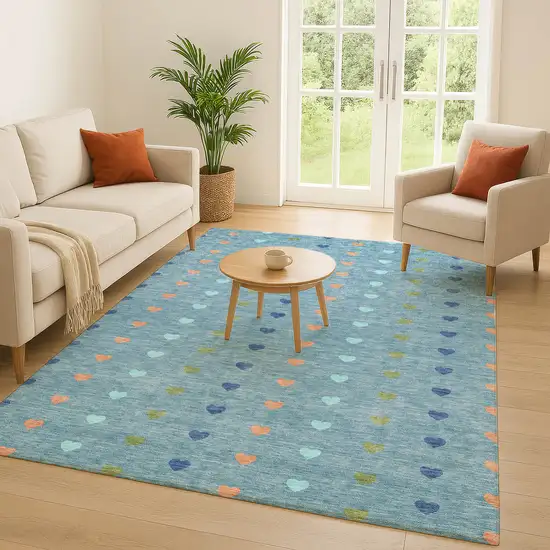 Teal Blue And Peach Geometric Washable Indoor Outdoor Area Rug Photo 5