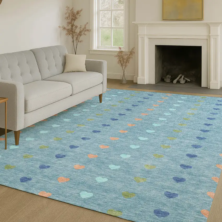 Teal Blue And Peach Geometric Washable Indoor Outdoor Area Rug Photo 6