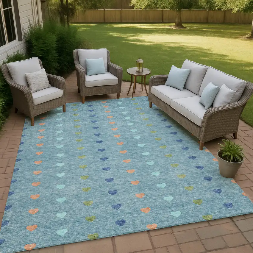 Teal Blue And Peach Geometric Washable Indoor Outdoor Area Rug Photo 4