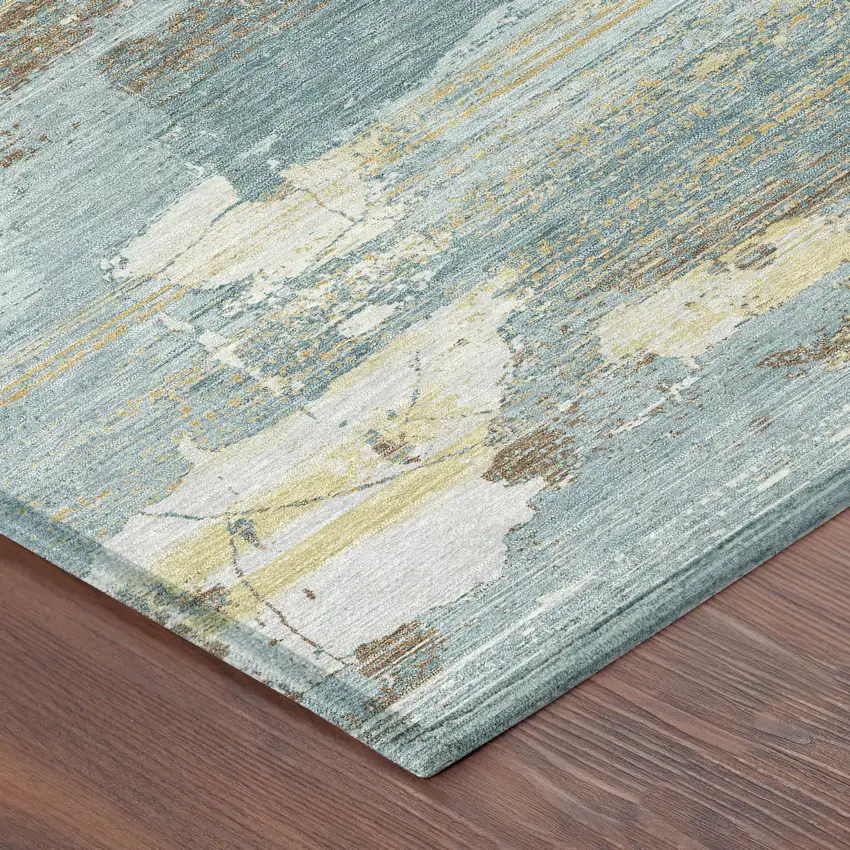 Teal Blue And Pewter Abstract Washable Indoor Outdoor Area Rug Photo 4