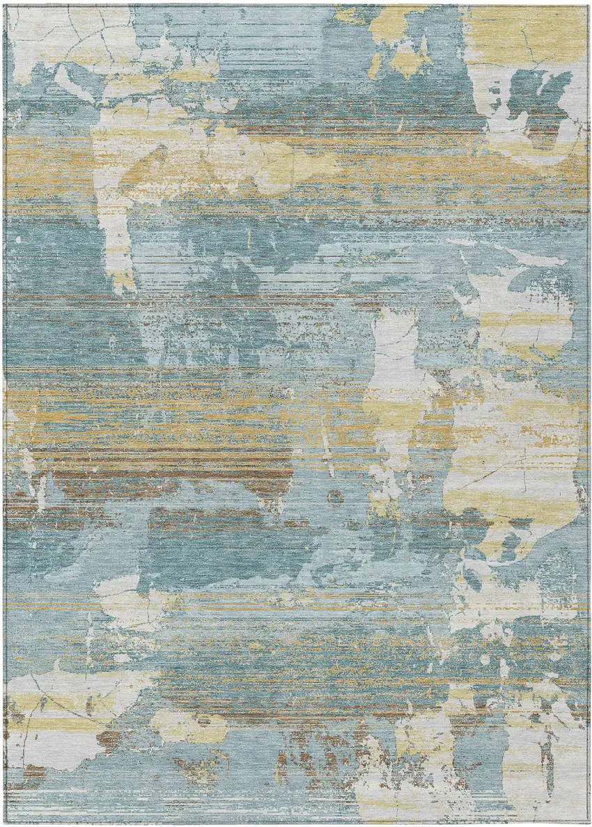 Teal Blue And Pewter Abstract Washable Indoor Outdoor Area Rug Photo 1