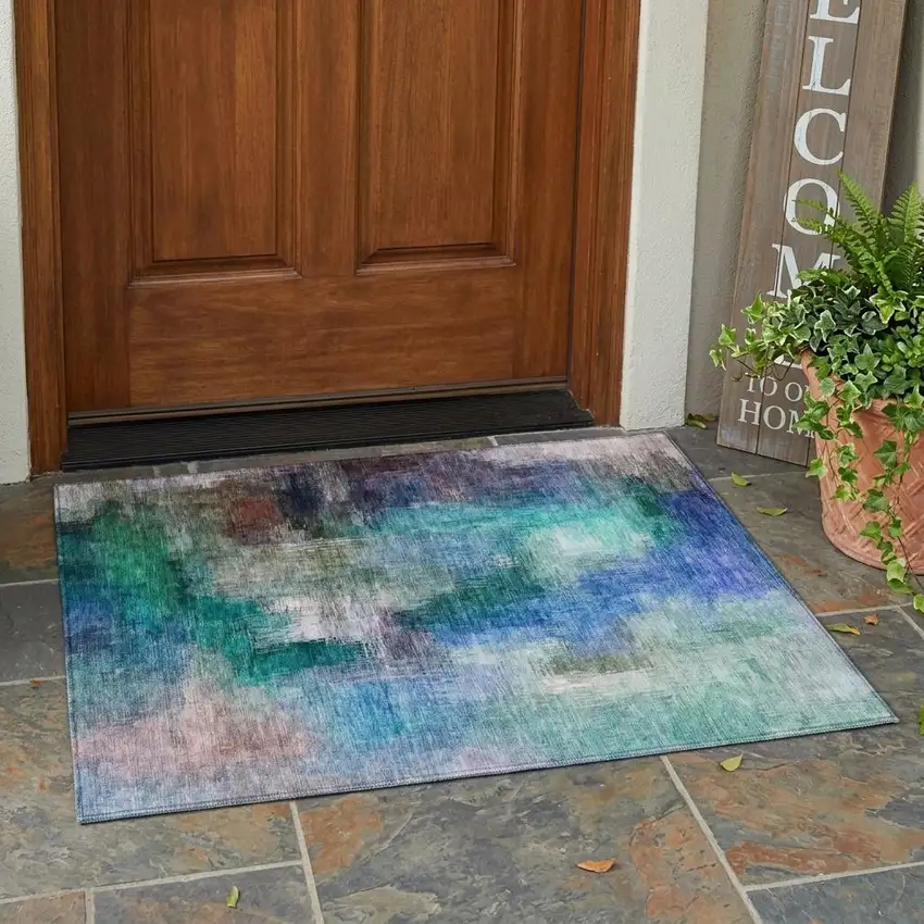 Teal Blue And Pewter Abstract Washable Indoor Outdoor Area Rug Photo 1