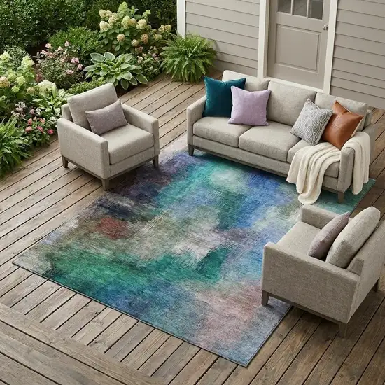 Teal Blue And Pewter Abstract Washable Indoor Outdoor Area Rug Photo 1