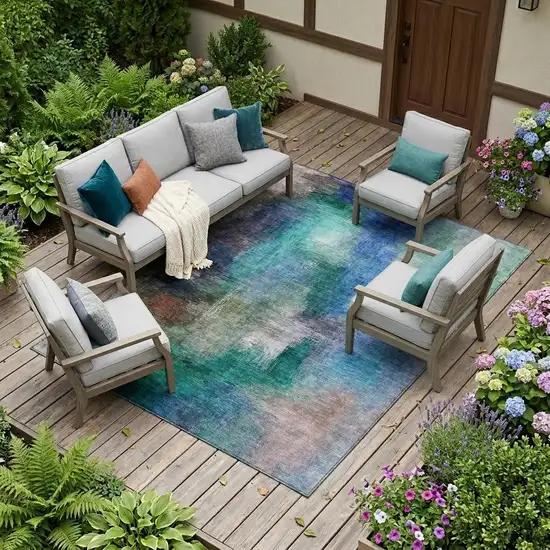 Teal Blue And Pewter Abstract Washable Indoor Outdoor Area Rug Photo 1