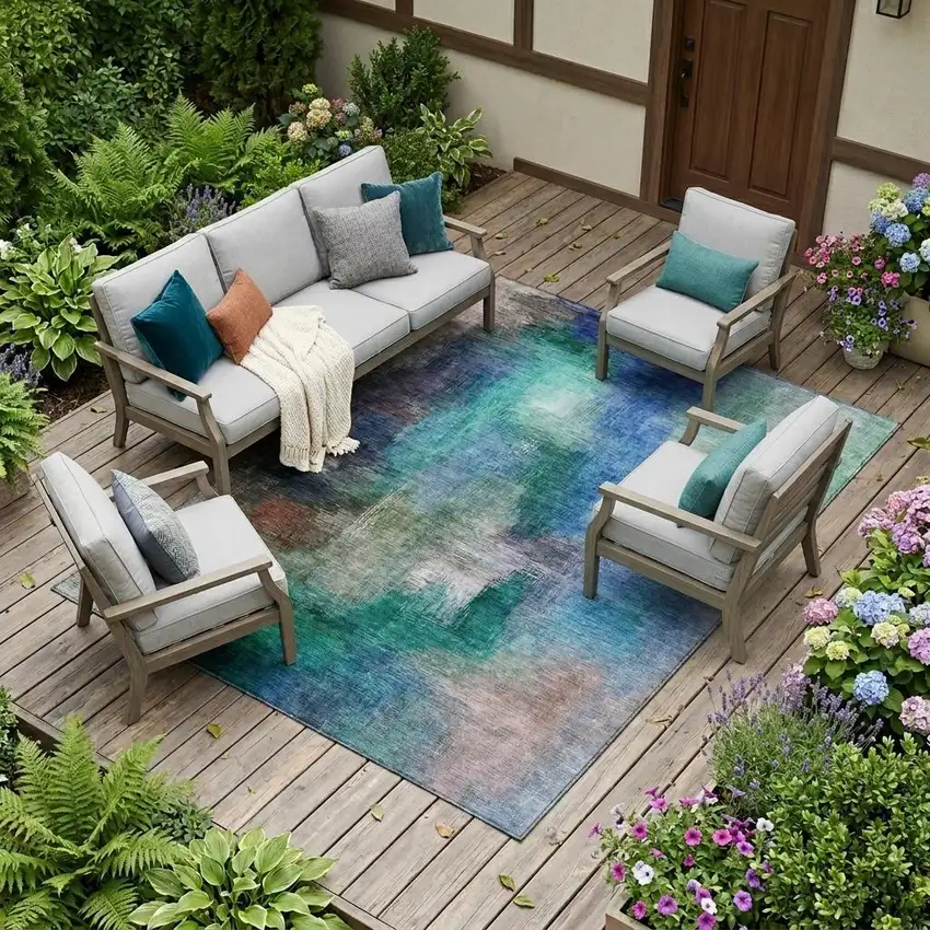 Teal Blue And Pewter Abstract Washable Indoor Outdoor Area Rug Photo 1