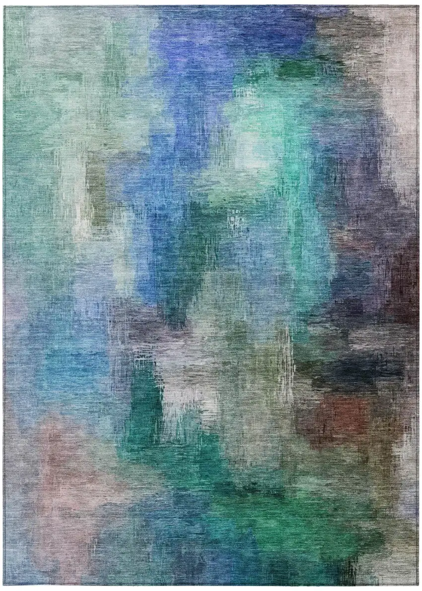 Teal Blue And Pewter Abstract Washable Indoor Outdoor Area Rug Photo 4