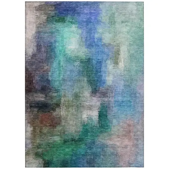 Teal Blue And Pewter Abstract Washable Indoor Outdoor Area Rug Photo 2