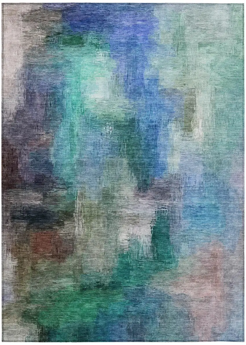 Teal Blue And Pewter Abstract Washable Indoor Outdoor Area Rug Photo 2