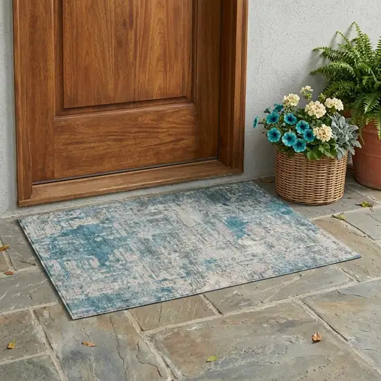 Teal Blue And Pewter Abstract Washable Indoor Outdoor Area Rug Photo 1